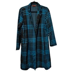 Isle By Melis Kozan Long Teal Blue Black Plaid Sweater Cardigan Classy New XL